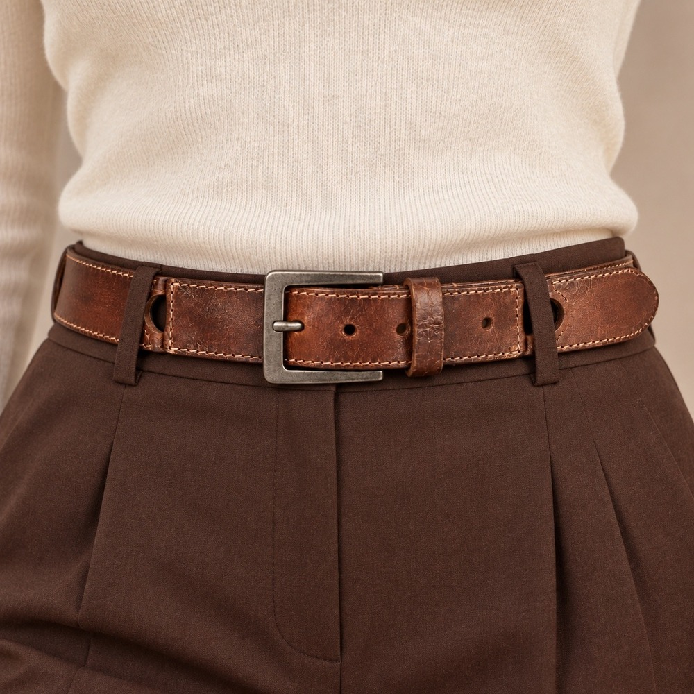 Brown Leather Belt 32-36 Inch Brass Tone Buckle Stitched Western Boho Heritage